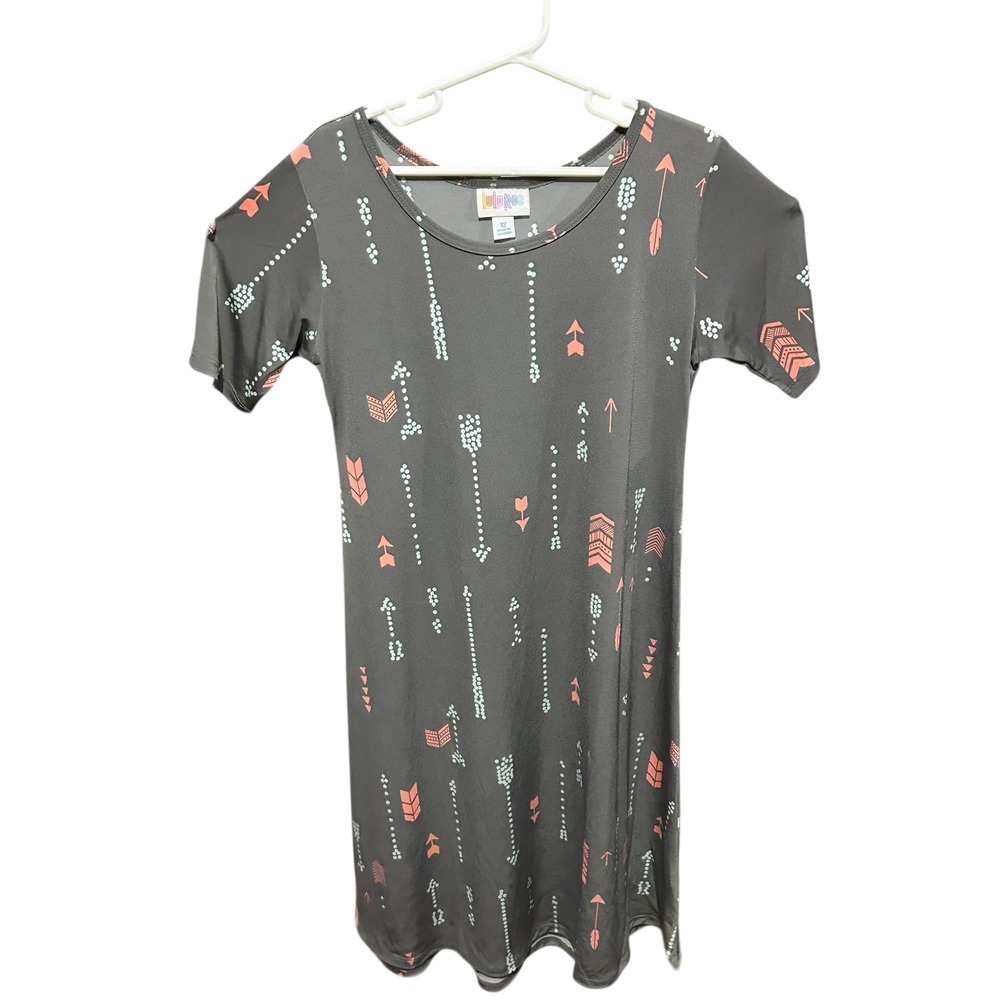 LuLaRoe Girls Scarlett Dress Size 12 Gray Arrow Print Short Sleeve High Low
